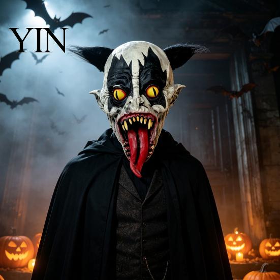 Evil Character Cosplay Headgear Halloween Horror Clown Mask with Long Tongue, Latex Scary Breathable Masquerade Gear Creepy Costume Prop for Parties,