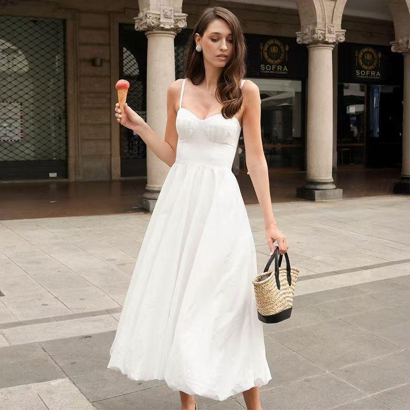 

Fashion Wind New Arrival Fashion Temperament Pure Color Sexy Sling Open Back Large Swing Dress Sling Sexy Dress White M