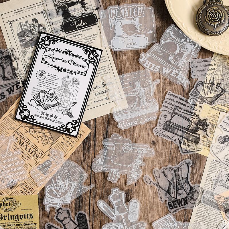 Vintage Tracing Paper Stickers - 20pcs Semi-Transparent English Decals for Journal & Scrapbooking