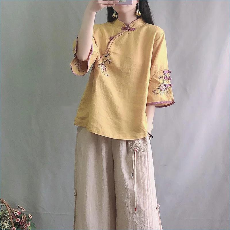 Spring Summer Retro Seven Quarter Ladies' Cotton Linen Shirt Blouse Chinese Traditional Women's Formal Top Ttang Costume Hanfu