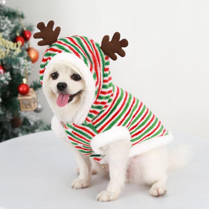 Christmas Reindeer Pet Hoodie for Small Dogs - Red Green Striped Puppy Clothing (Festive Holiday Style)