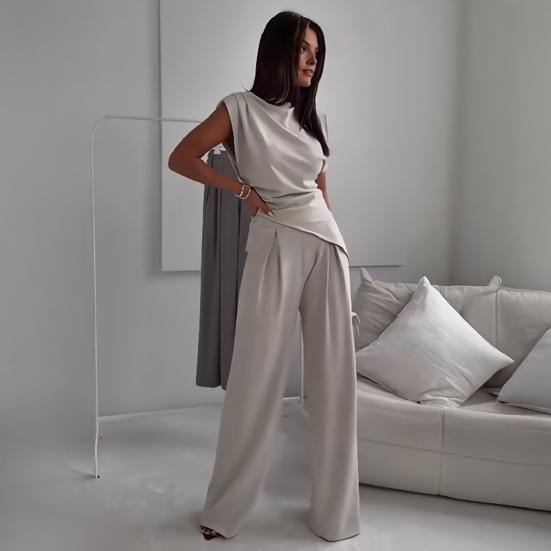 Women Two Piece Outfits Summer Sleeveless Irregular Hem Top And Wide Leg Pants Set Casual Business Office Set