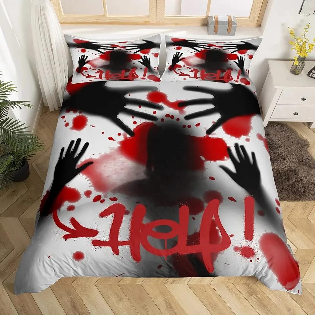 Gruseliger Horrorfilm Bettbezug Set Dunkler Terror Killer Blutiges Bettwäscheset Schrecklicher Halloween Quiltbezug Einzelbett Doppelbett Kingsize