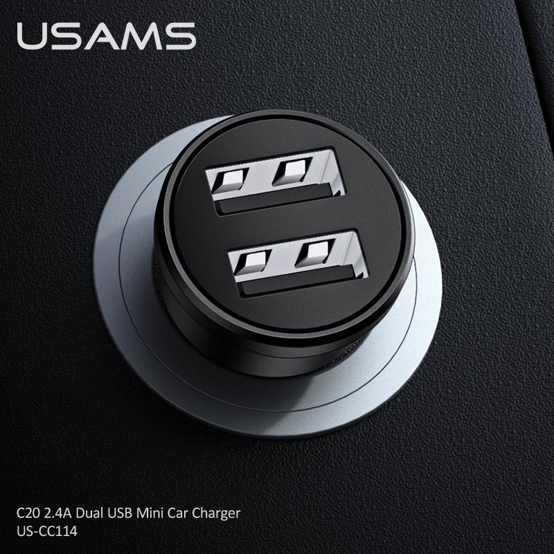USAMS 2.4A 5V Dual USB Car Charger USB 2 Ports Cigarette Lighter Adapter Charger Mini Power Adapter for IPhone IPad Huawei Samsung Xiaomi Smart Phones