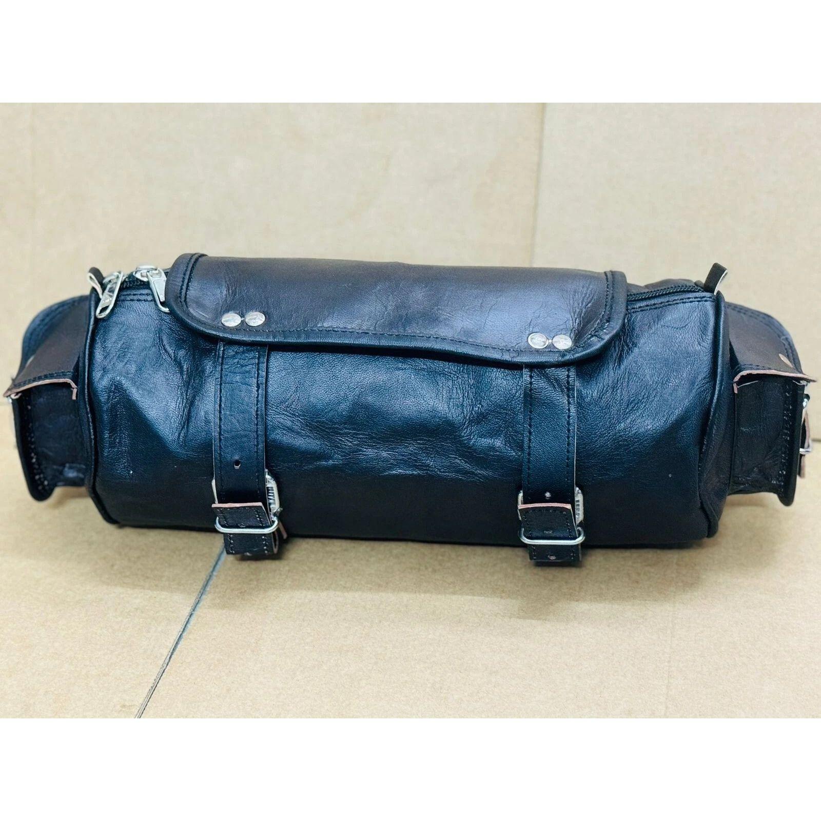 

Сумка для инструментов Мотоциклетный кожаный чехол Козья кожа Ремешок Застежка-пряжка Рулон Седельная багажная сумка 12 x 9 x 9 in