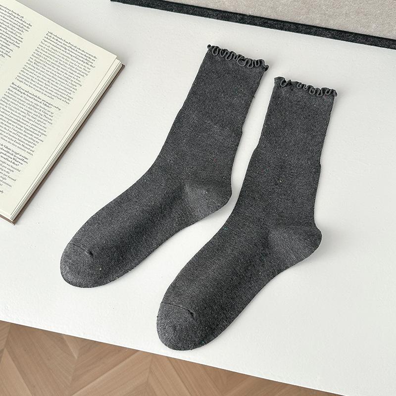 

Женские Весенне-Осенние Модные Новые Носки из Хлопка с Кружевом Агарик в Рубчик 1 pair темно-серого