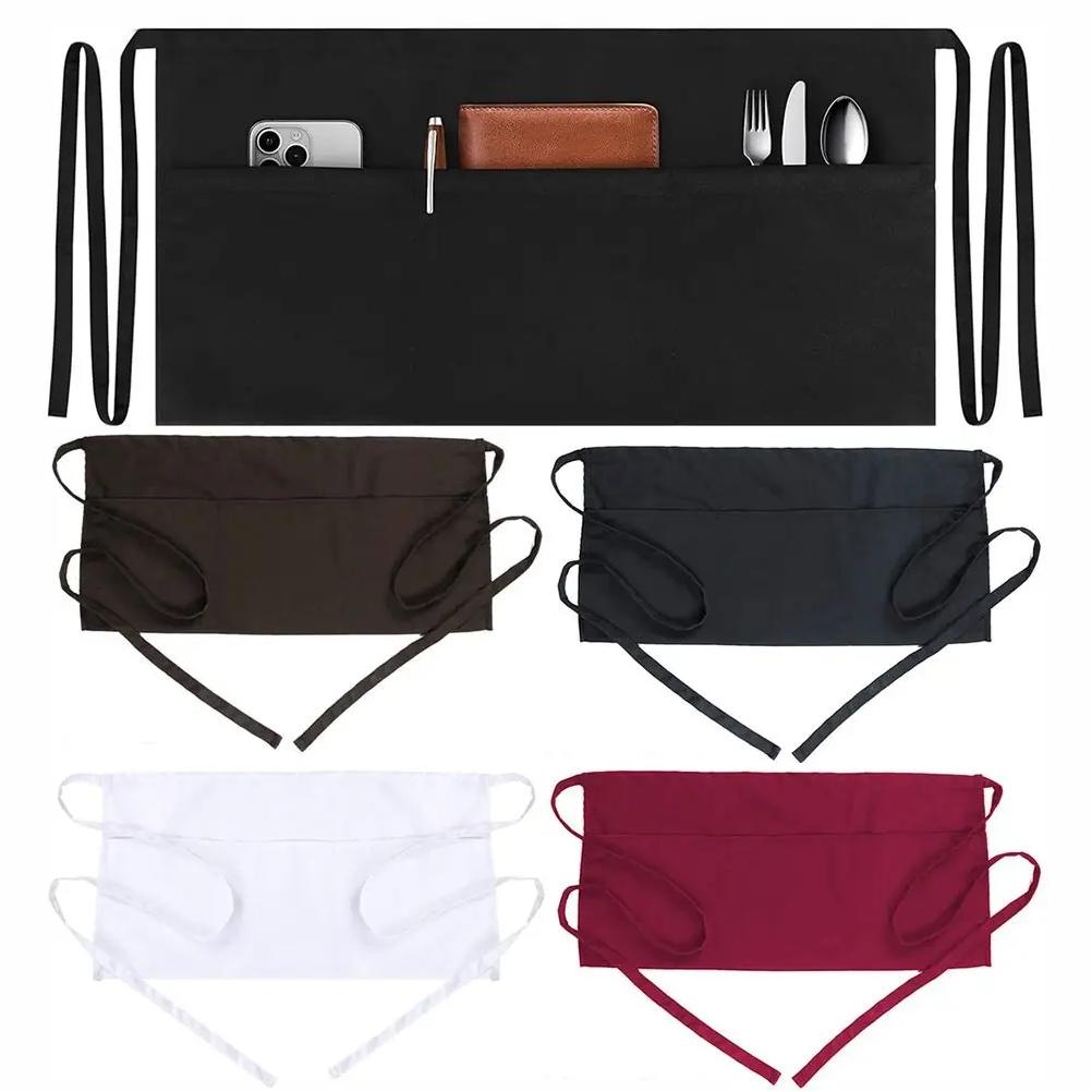 3 Pockets Black Waist Half Short Apron Restaurant Waiters Chef Aprons Cafe Shop BBQ Hairdresser Bar Aprons Cleaning Supplies