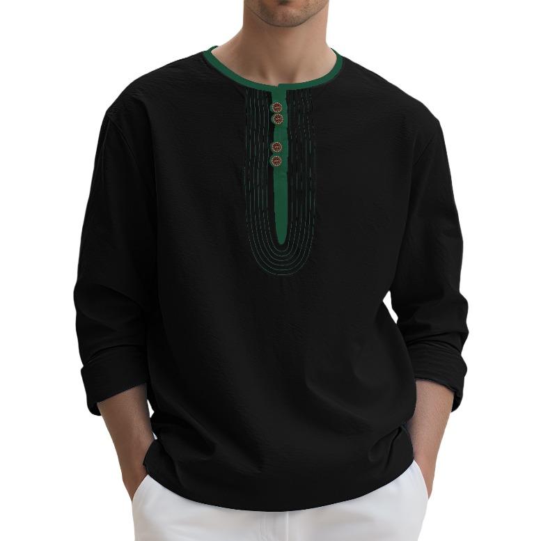 Henry collar European and American men's clothing solid color linen loose casual sports long-sleeved t-shirt
