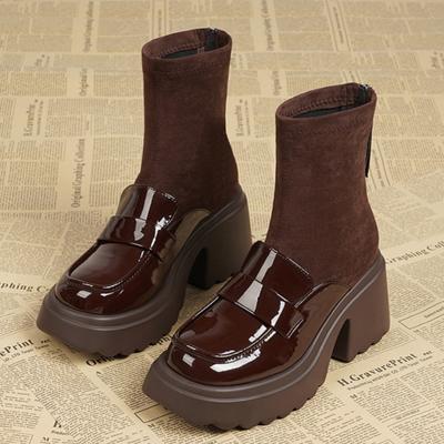 Fashion Women's Thick Heel Cotton Boots Winter New Round Head Splicing Elastic Cloth Back Zipper Thick Sole Non-slip Short Boots