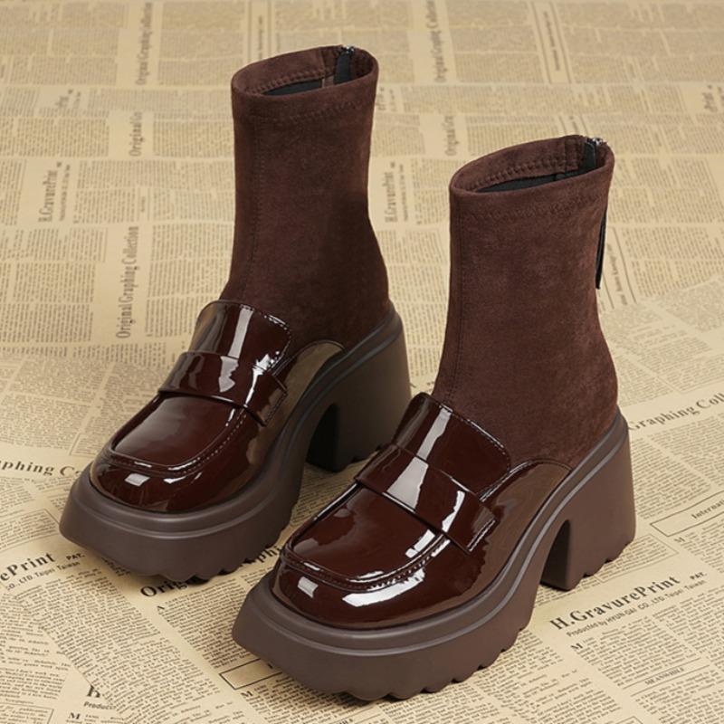 Women's Thick Heel Cotton Boots Winter New Round Head Splicing Elastic Cloth Back Zipper Thick Sole Non-slip Short Boots