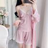 Women's Thin Sexy Ice Silk Pajamas Three-piece Spring and Summer Suspender Shorts Bathrobe Kimono with Chest Pad