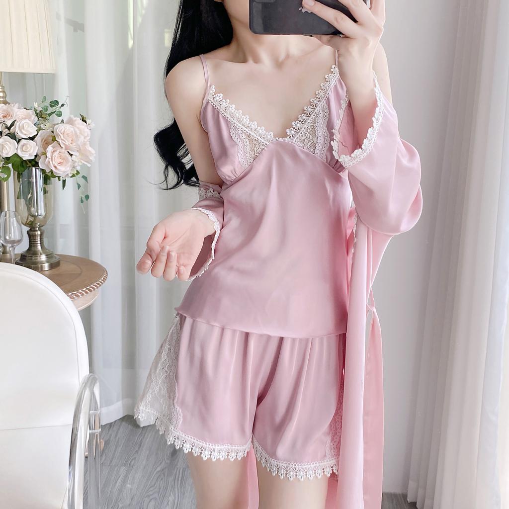 Women's Thin Sexy Ice Silk Pajamas Three-piece Spring and Summer Suspender Shorts Bathrobe Kimono with Chest Pad