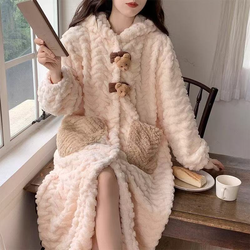 Women Coral Fleece Bathrobe Hooded Flannel Robe Set Thick Warm Loungewear Fall Winter