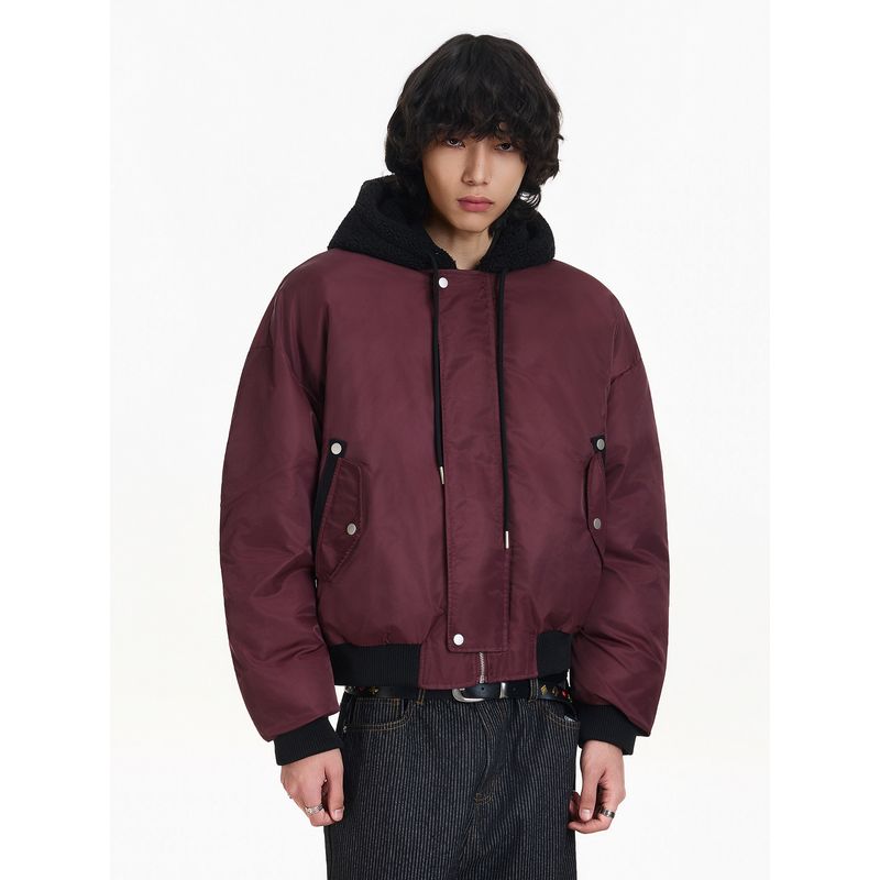 Blaexit Burgundy American-Style Bomber Flight Jacket Winter Faux Two-Piece Padded Coat Men's Fleece-Lined Thickened