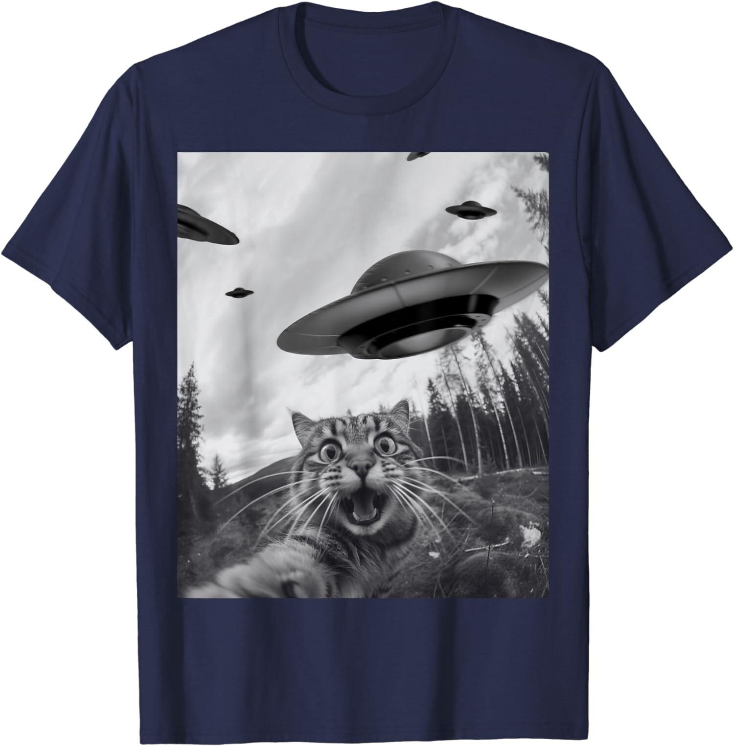 Funny Cat Selfie With Alien UFO Cool Animal Lover Unisex T-shirt L