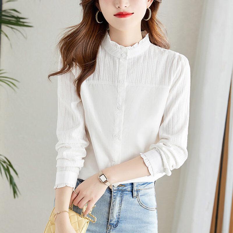 AOTUN Women's Ruffle Collar Long Sleeve Pure Cotton Slim Fit Shirt KFG2237