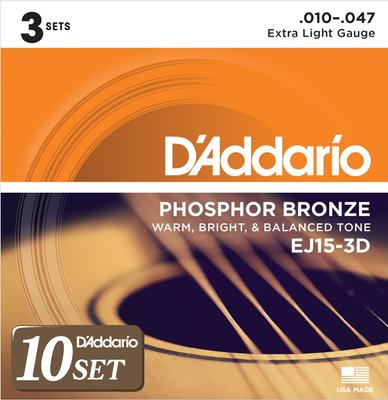 Akoestische Gitaarsnaren Fosfor Brons Extra Licht 3-snaren Pak x 10 Pakken D'Addario .010-.047 EJ15-3D []