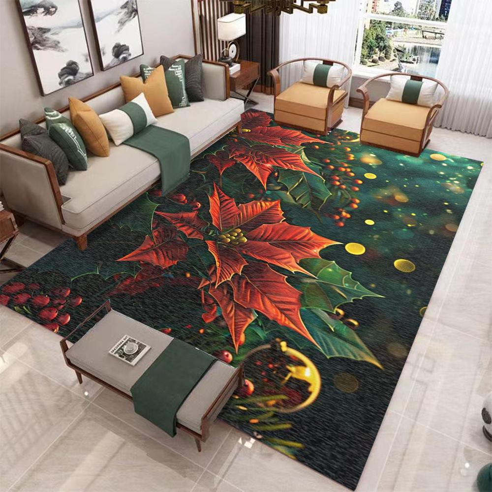 Poinsettia Area Rug Christmas Art Deco Style, Holiday Home Decor Rugs for Bedroom Living Room Winter Carpet for Dining Room