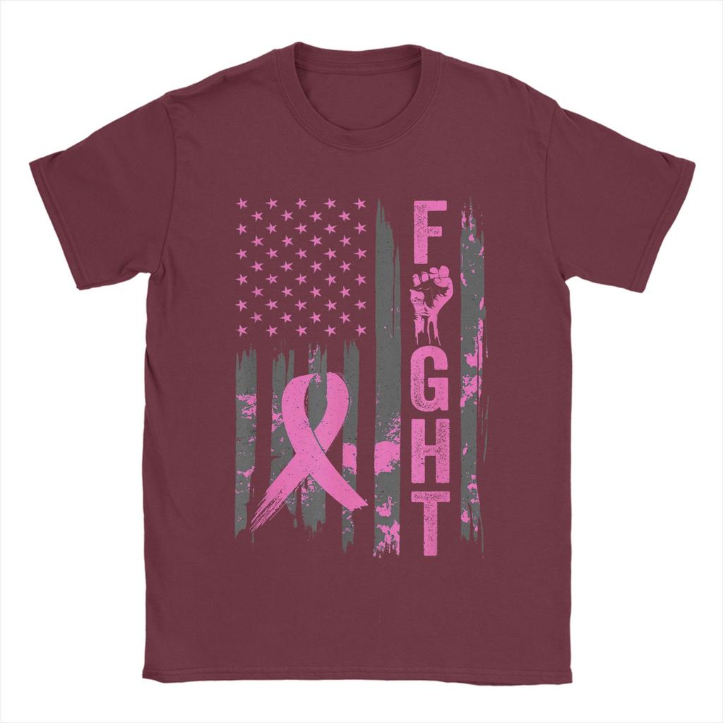 Fight USA Flag Breast Cancer Awareness Patriotic Pink Ribbon Men T Shirts Vintage Tees Short Sleeve Round Neck T-Shirt Clothes