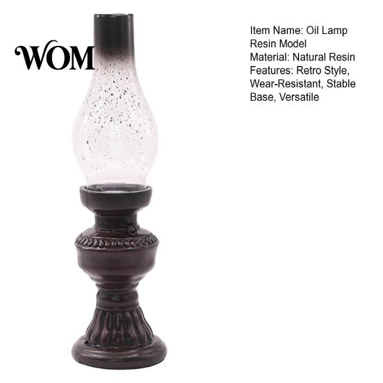 Old-fashioned Candle Lamp Miniature Kerosene Resin Holder, Retro Oil Figurine with Smoked Model Glass Shade & Carved Base, Tabletop Decor for