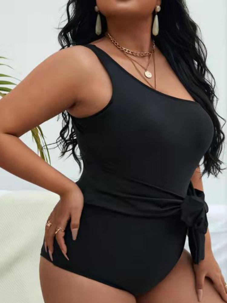 Übergröße Einteiliger Badeanzug für Damen Ein Schulterfrei Sexy Bikinis Schwarz Gürtelhochtailliert Einteilige Bademode