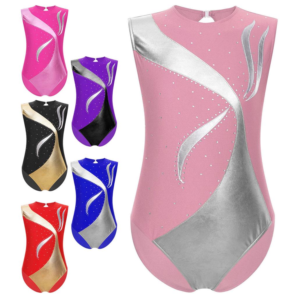 Dívčí gymnastický dres Metalický lesklý patchwork Kamínky Klíčová dírka na zádech Bez rukávů Body