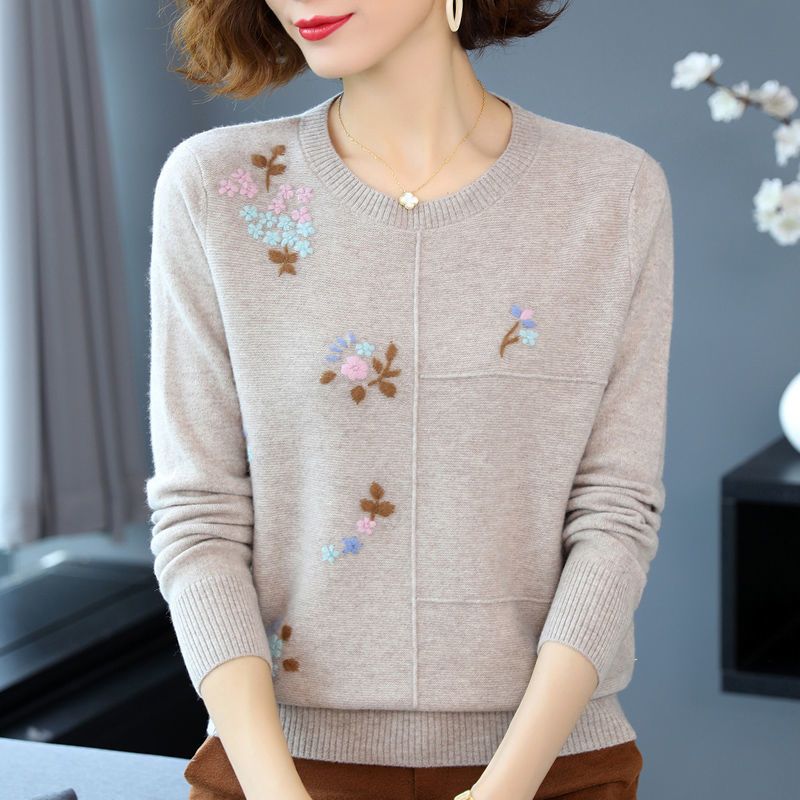 Women's Crewneck Plus Size Sweater Embroidered Loose Pullover Knitwear Stretch Knit Top Jumper Spring Autumn