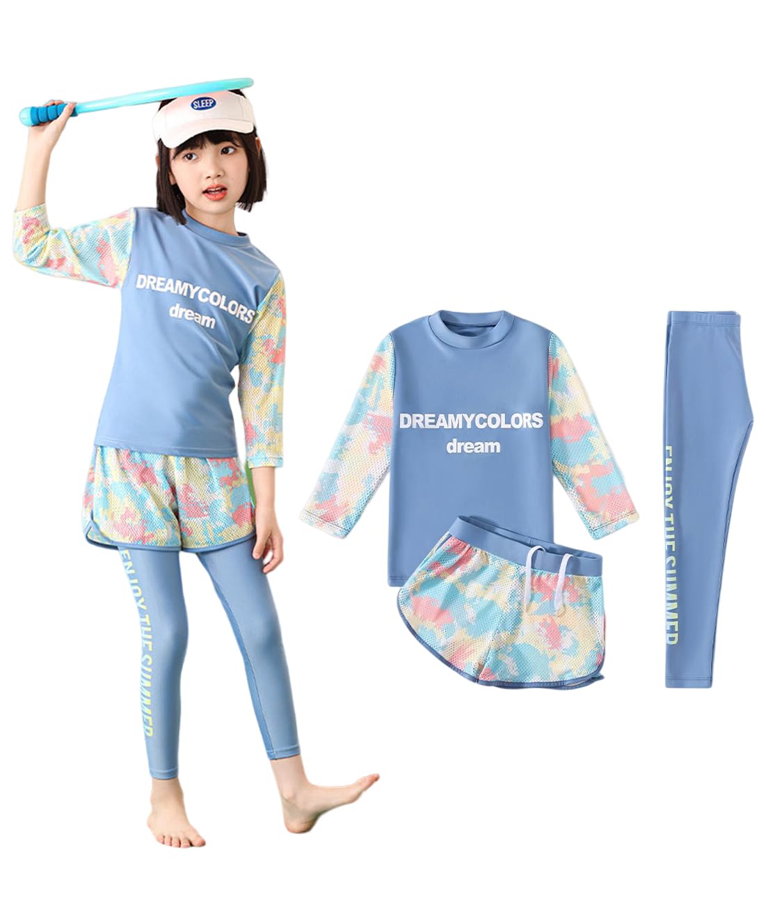 

Kids Swimsuit for Long Rash UV Quick Elementary School Swimwear [AILITI] Girls, Sleeve, Separate, 3-Piece Set, Guard, Leggings, Shorts, Protection, синий