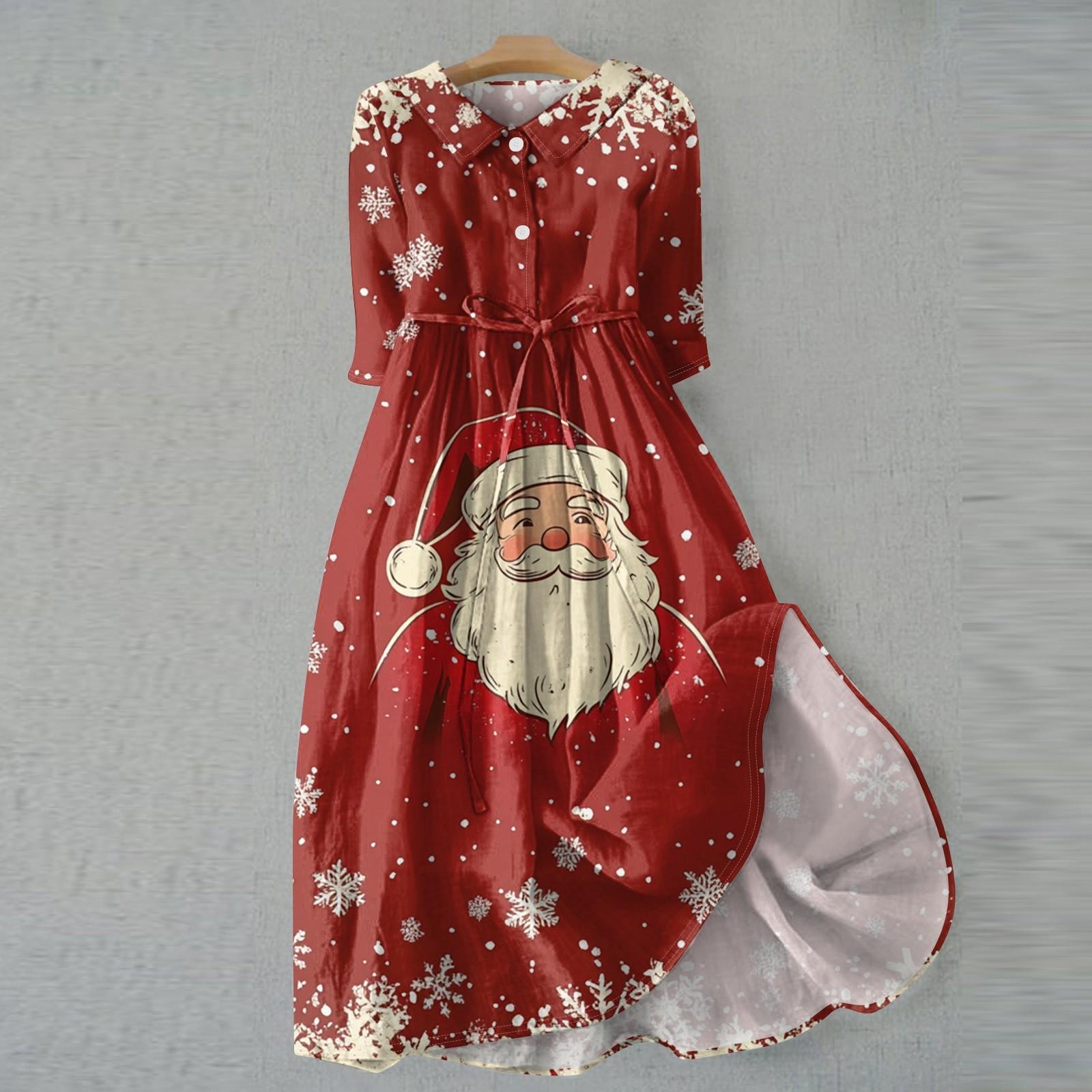 

Женское модное рождественское принтовое платье с отворотом, застегивающимся на пуговицы, рукавами-семью точками и завязками XXL винный