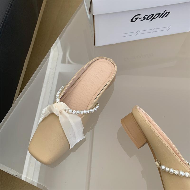 Square head bag head half slippers female pearl sweet fashion versatile low heel flat bottom slippers outer wear