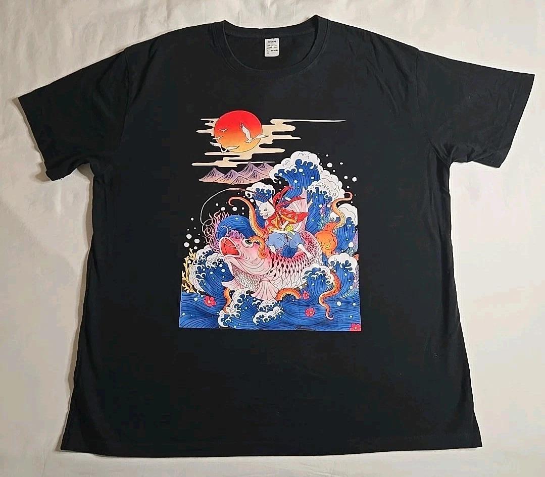Japanese Ukiyo-e Art Style Graphic Print T-shirt Soild Black Size XL M