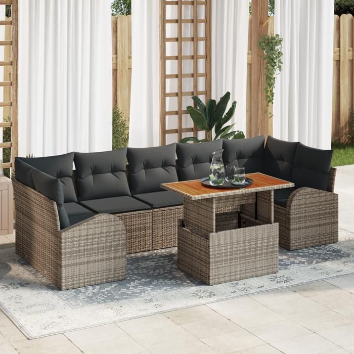 VidaXL Ensemble de salle à manger de jardin en 8 pièces avec coussins en poly rattan gris et acacia 3349551