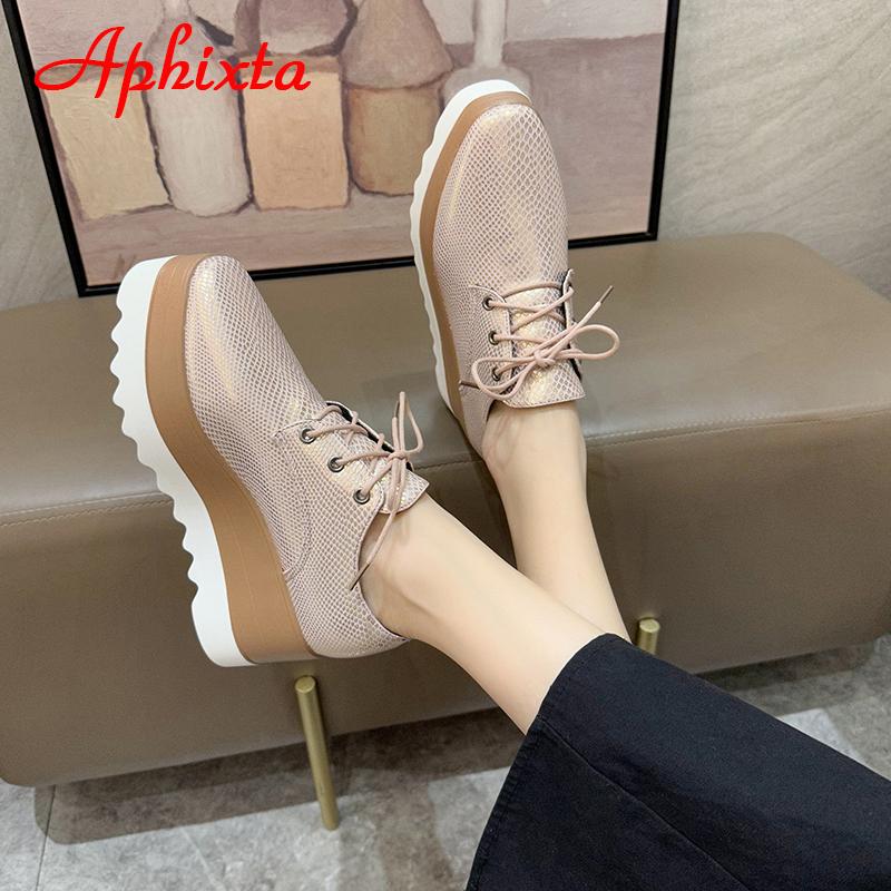 Aphixta Flat Platform Shoes Woman Lace-up 7cm Shoes Gingham Height Increaming Women's Shoes Ladies Plus Big Size 42