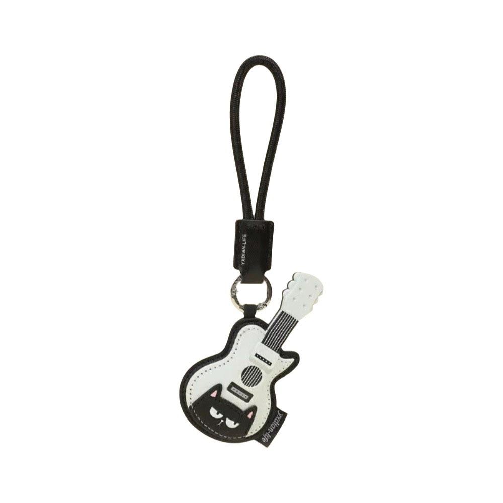Guitar Cat Keychain with Carabiner PU Leather Piano Cat Keyring Wear-resistant Non-fading PU Leather Keychain Music Lovers Gift