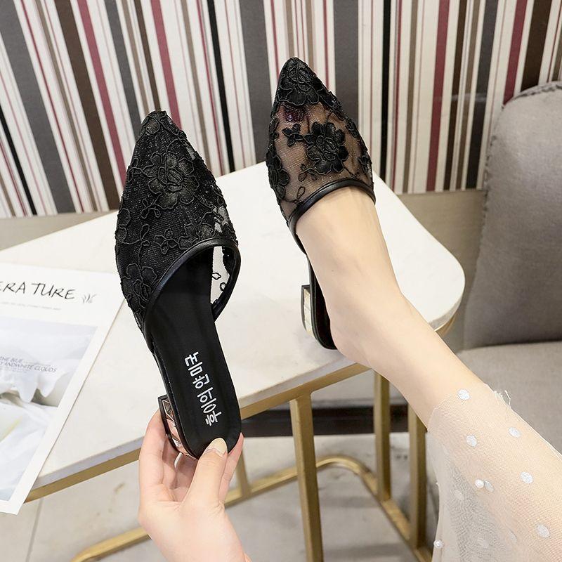 Shoes for Women Low Heel Slides Sexy Black Woman Mules Slippers Pointed Toe Embroidery 39 Chic and Elegant H Sandal Pvc Sandals