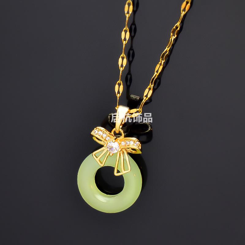 Hetian Jade Safety Buckle Necklace Women'S Retro Ethnic Style Versatile Slightly Inlaid Bow Pendant Neck Chain