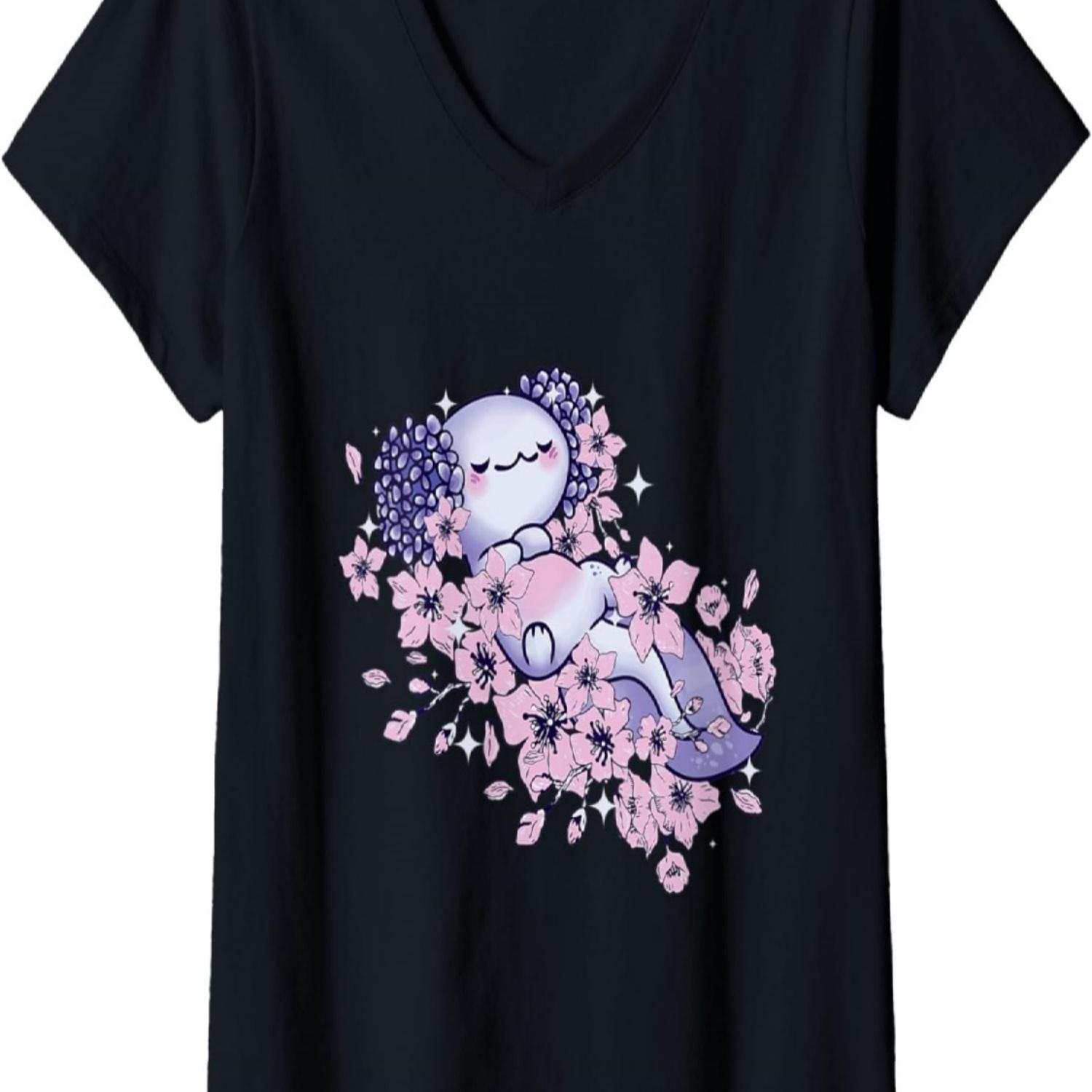 Womens Axolotl and Kawaii Axolotl in Sakura and cherry blossom tree V-Neck T-Shirt S чёрный