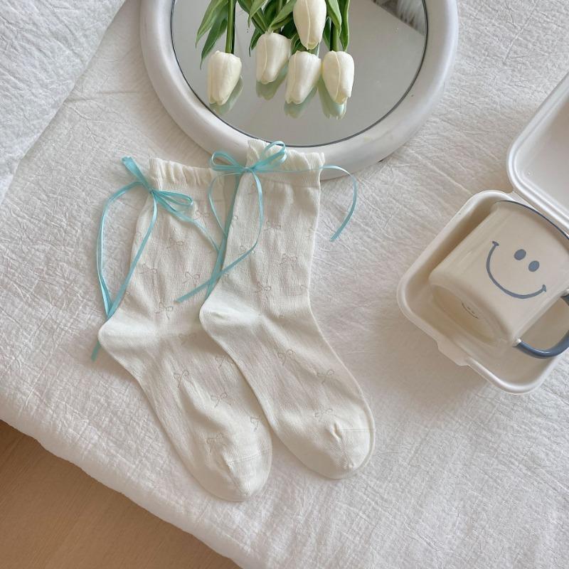 Ladies Spring and Summer Thin Lovely Bow Mesh Breathable Boneless Anti Pilling Ribbon Stack Socks