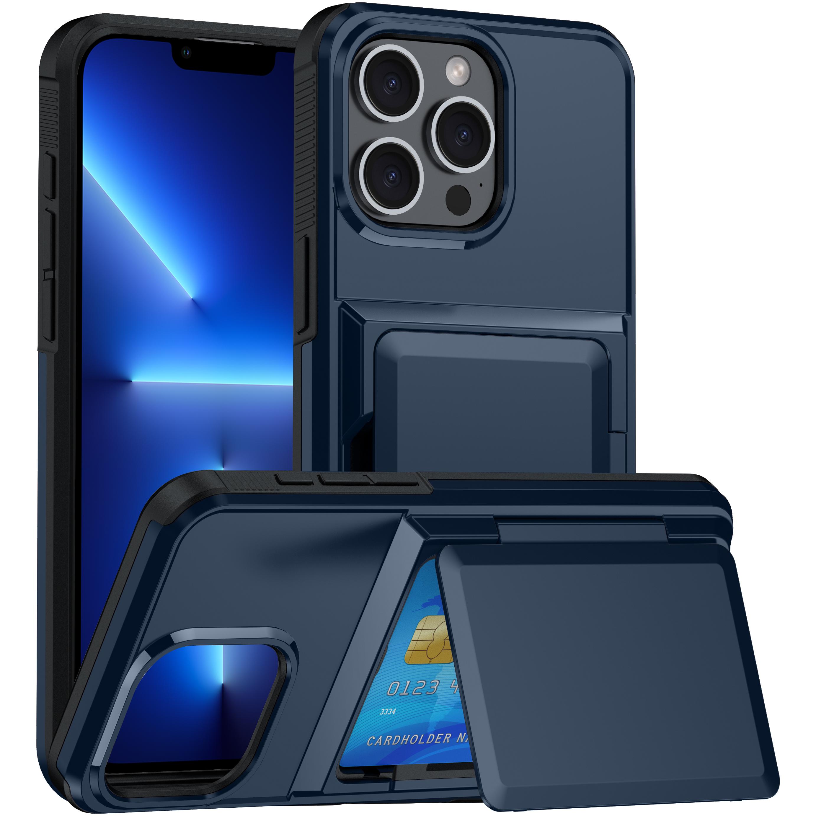 

For iPhone 13 Pro Max Cases Card Slot TPU+PC Kickstand Phone Case Blue