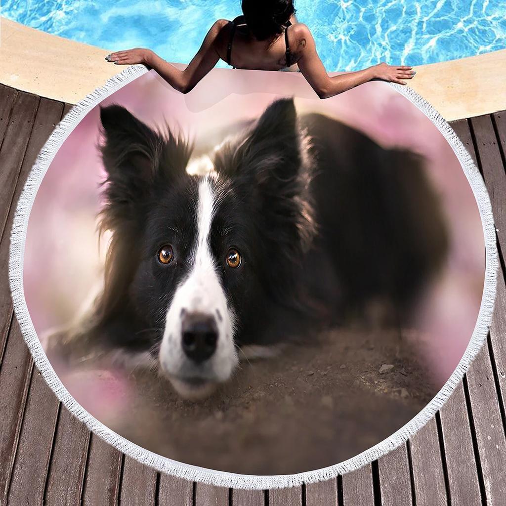 Border Collie Round Beach Towels,Dog Greeting Its Owner Among Flowers Sand Free Absorbent Beach Blanket Bath Towels Picnic Mat