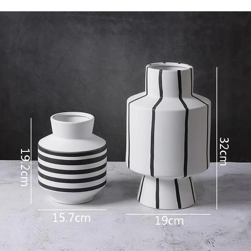 Black and White Striped Ceramic Vase Desktop Ornaments Flower Arrangement Living Room Aesthetic Decoration