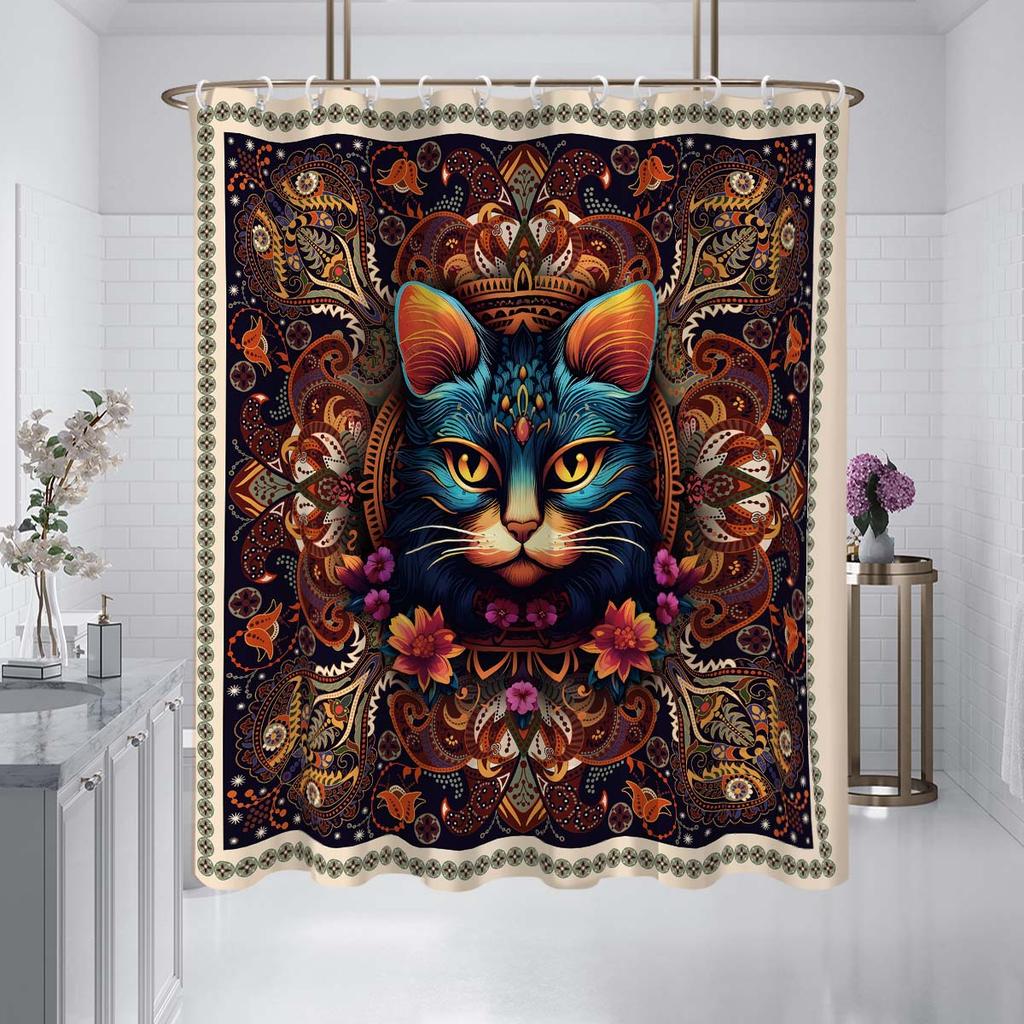 1Pc Cat Printed Waterproof Shower Curtain Bathe Hanging Curtain Partition Multi Size 12 Hooks Easy Installation Protect Privacy