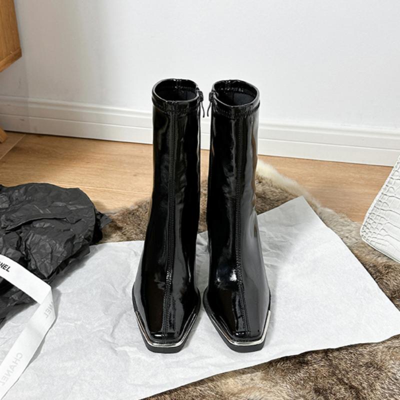 Niedrig geschnittene glänzende Damen-Lederstiefel, dicker Absatz, eckige Zehenpartie, High-Heel-Stiefel, Herbst und Winter, Lackleder, kurze Stiefel