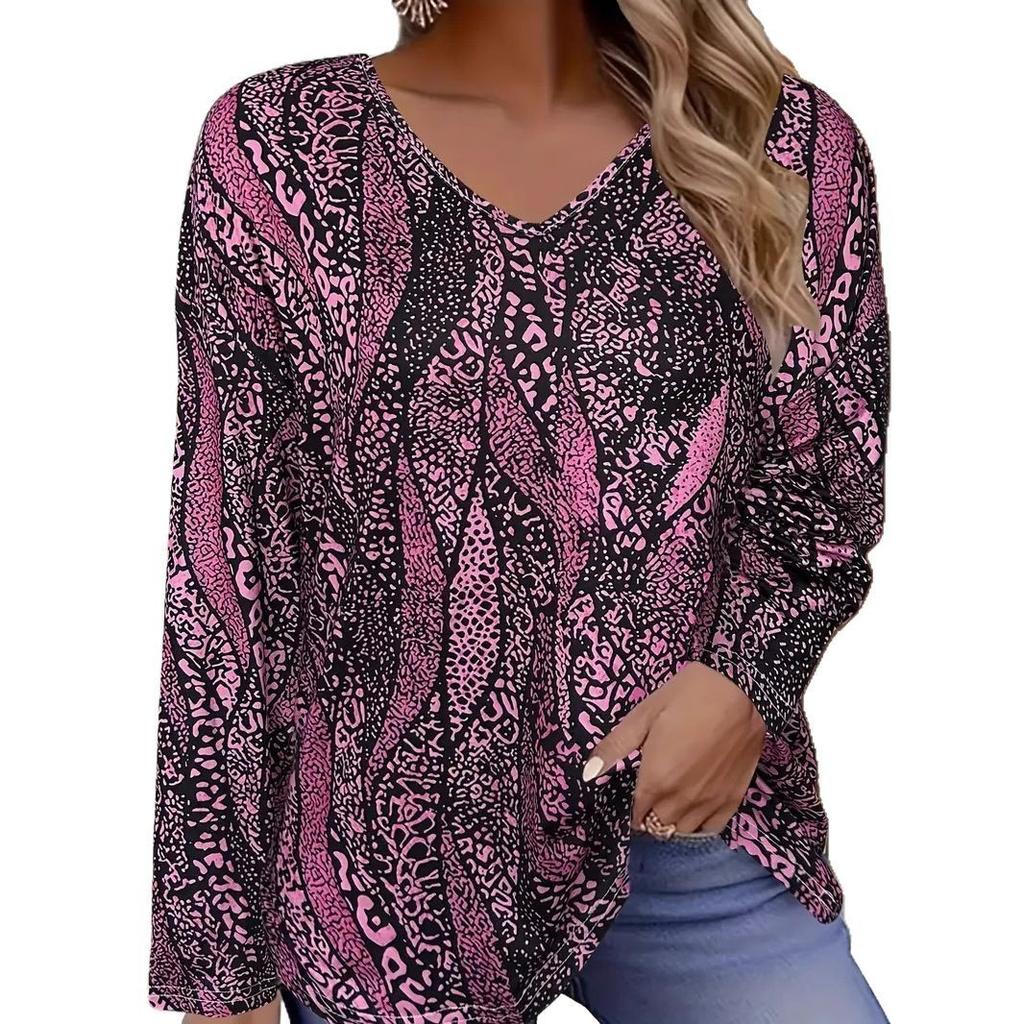 Spring Autumn Fashion Comfortable Soft V-neck Long Sleeve T-shirt Creative Geometric Figure Loose Casual Women Versatile 3D Printed T-shirt