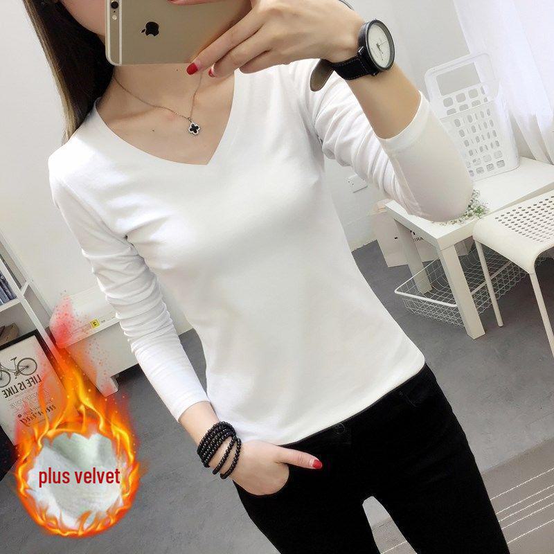 Bluză termică de damă cu mâneci lungi din plus de catifea - Tricou nou cu gât rotund pentru toamnă și iarnă