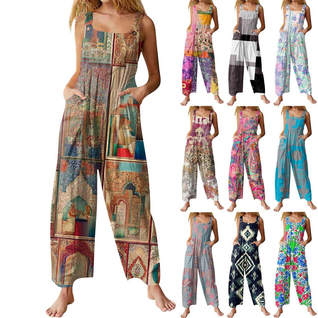 Women's Fashion Casual Loose Back Straps Wide Leg Vintage Printed Jumpsuit