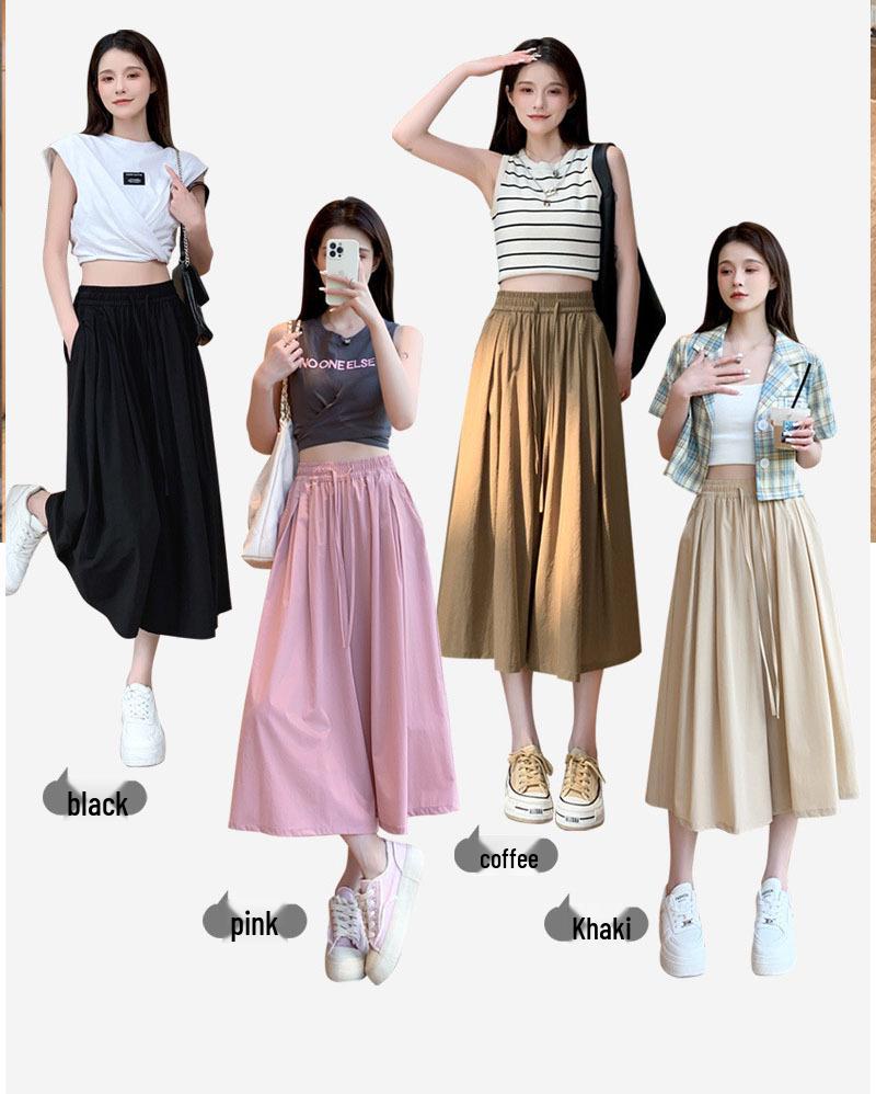 Women's Summer Ice Silk High-Waist Wide-Leg Pants: Lightweight, Casual, Japanese-Inspired, Textured Drape Skirt Pants