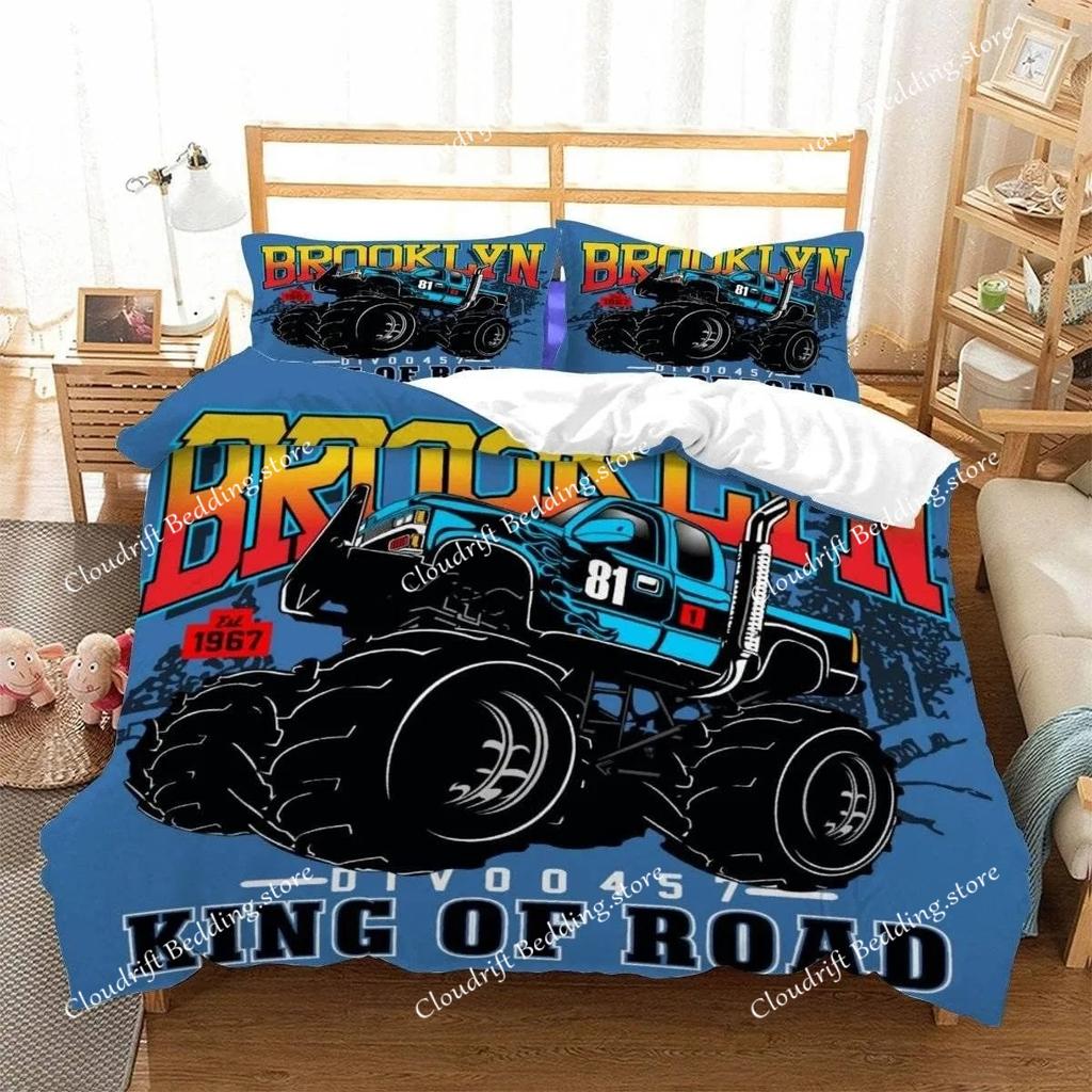 Racing themed bedding 3D printed cartoon monster truck pattern, soft down anti allergy down duvet cover, adult bedding set, teen