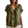 Womens Ruffle Trim Short Sleeve Button Front V Neck Blouse Lightweight Casual Top for Daily Wear