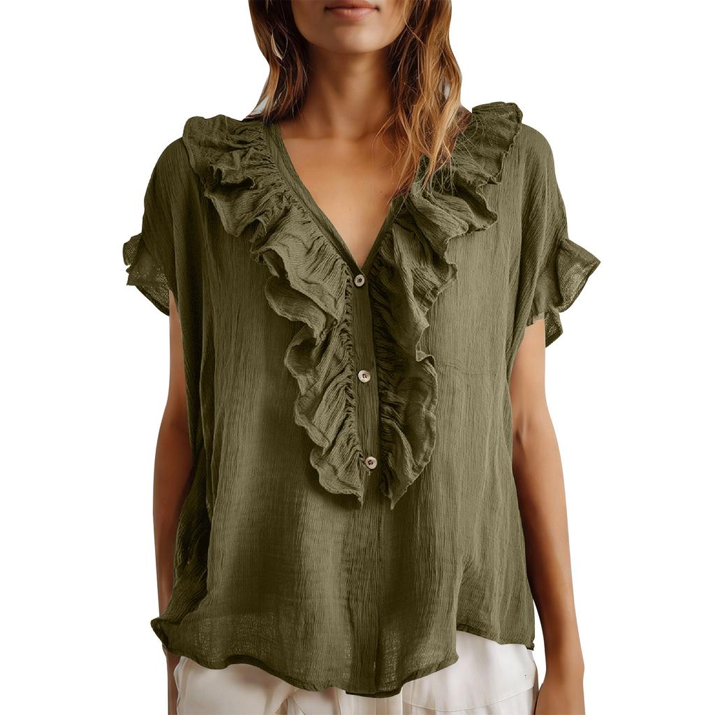 Womens Ruffle Trim Short Sleeve Button Front V Neck Blouse Lightweight Casual Top for Daily Wear